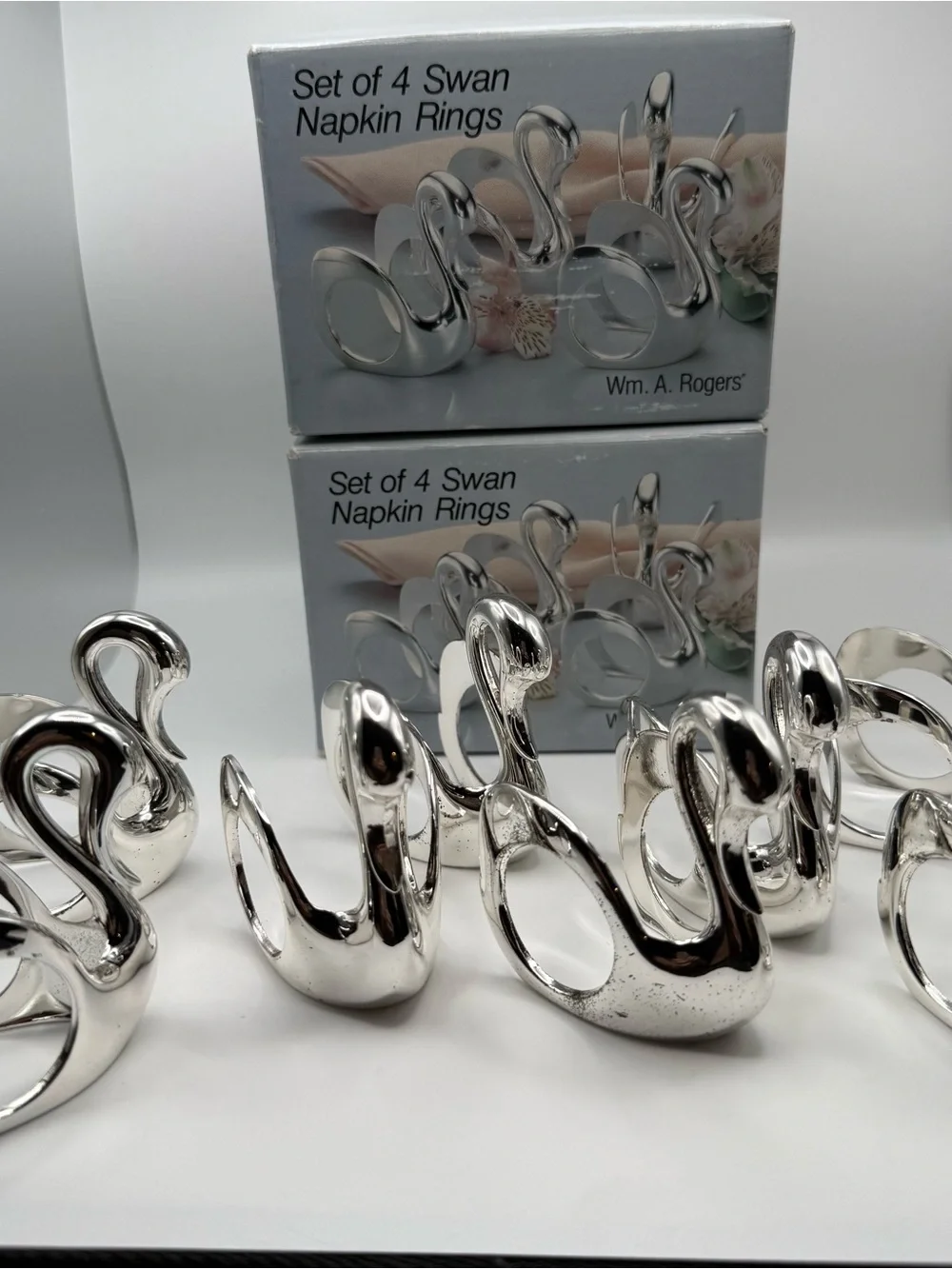 Vintage Wm A Rogers Silverplate Swan Napkin Rings Set of 8 Japan w Boxes